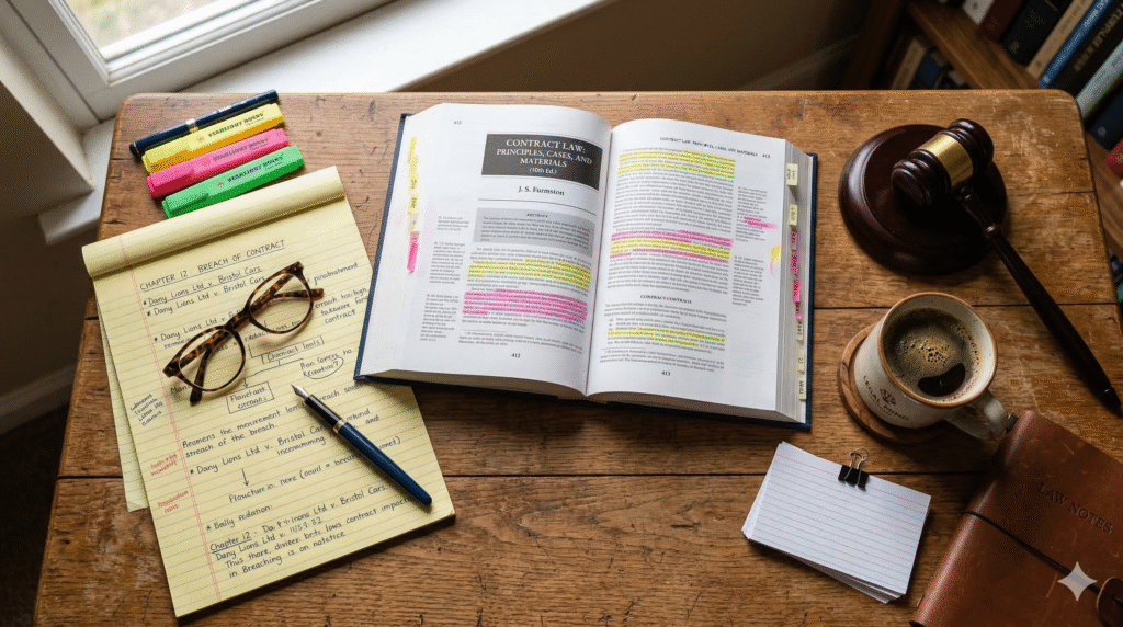 A Level Law study desk with textbook, gavel, notes, and highlighters for Cambridge A Level Law preparation